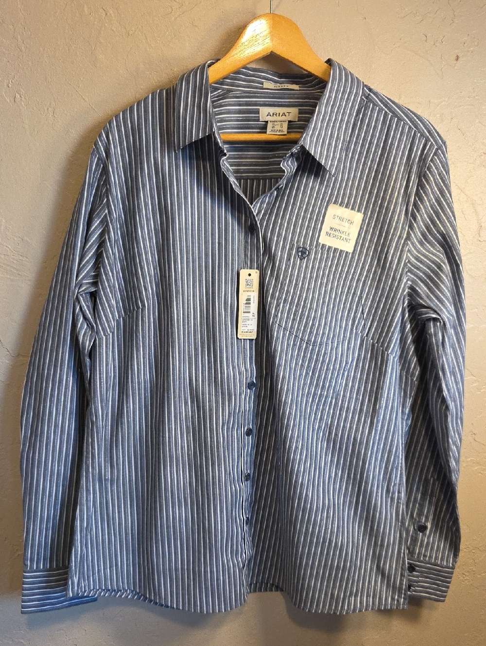 Ariat Womens Navy and White Shimmer Vertical Stripe Button-Down Shirt Size XL